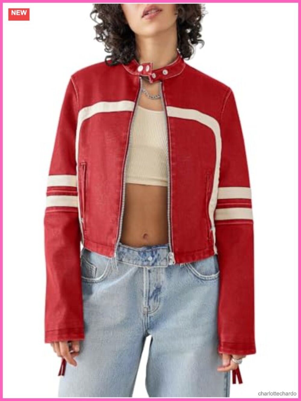 Faux Leather Cropped Moto Biker Jacket Striped Stitching Zipper